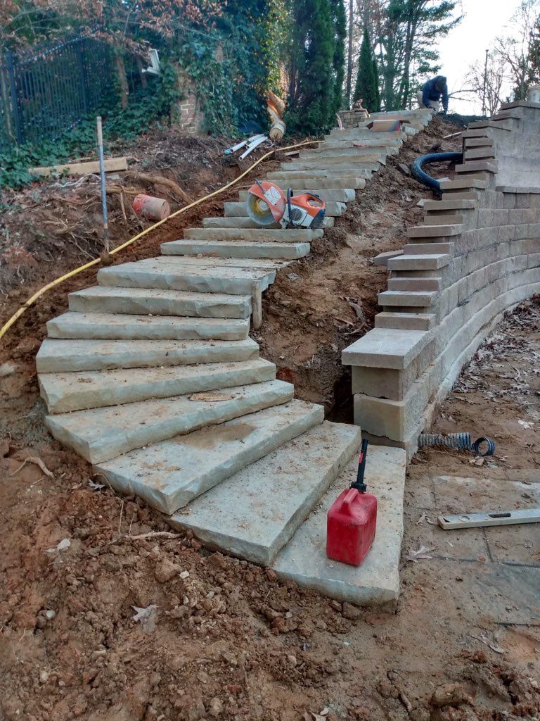 Retaining walls and steps can add interest to a slope.